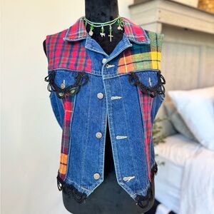 Vintage Colorful Plaid Denim Vest
